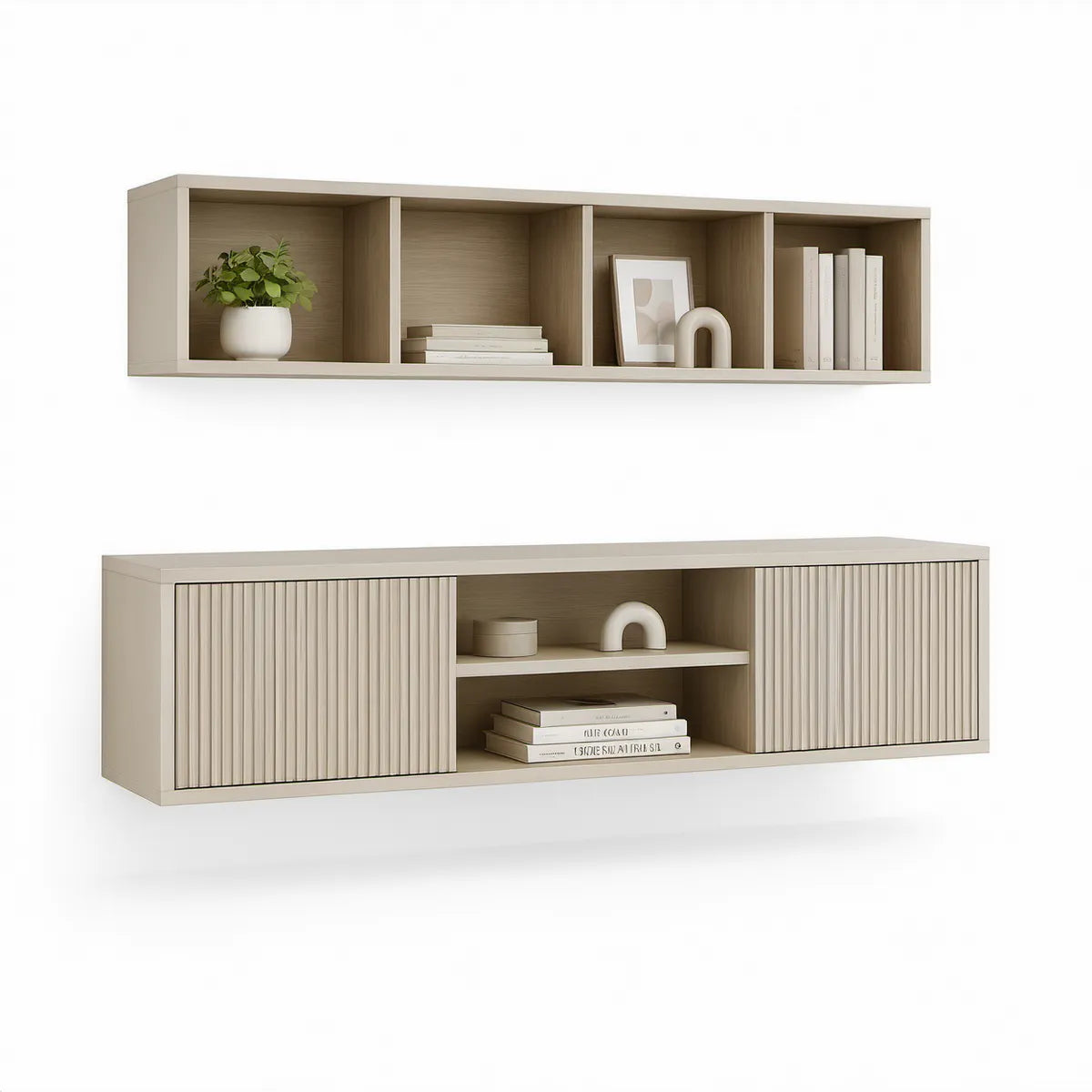 Béžová nástěnná sestava se světlým dekorem dubu, 180 × 40 × 40 cm a 180 × 25 × 40 cm